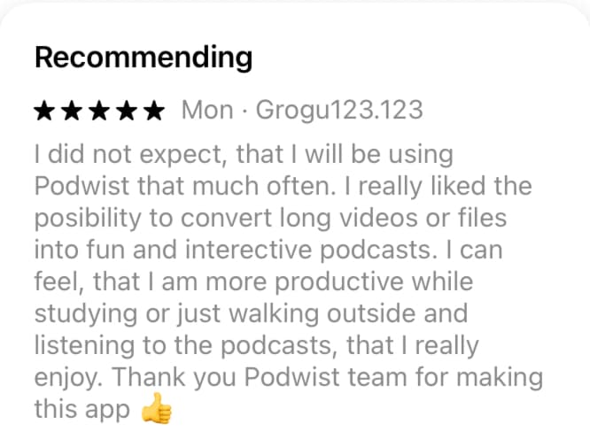 5-star App Store review of Podwist praising converting long videos and files into podcasts