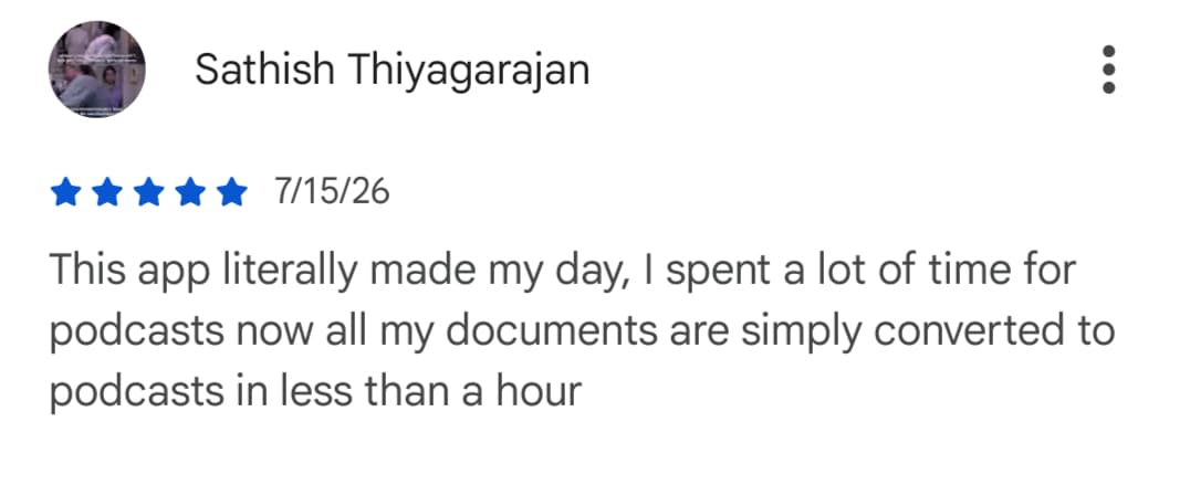 5-star Google Play review of Podwist by Sathish Thiyagarajan