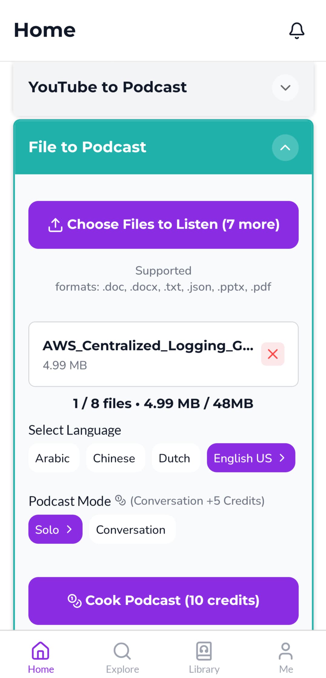 Podwist app file upload screen for converting a PDF into a podcast